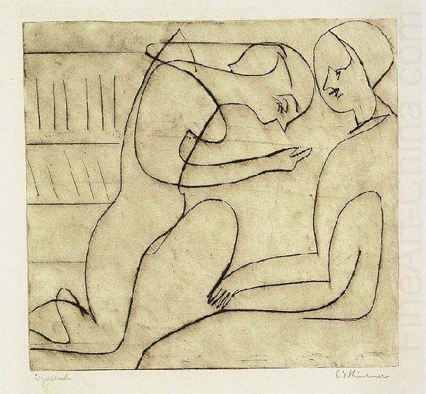 Lovers in the bibliothek - etching, Ernst Ludwig Kirchner